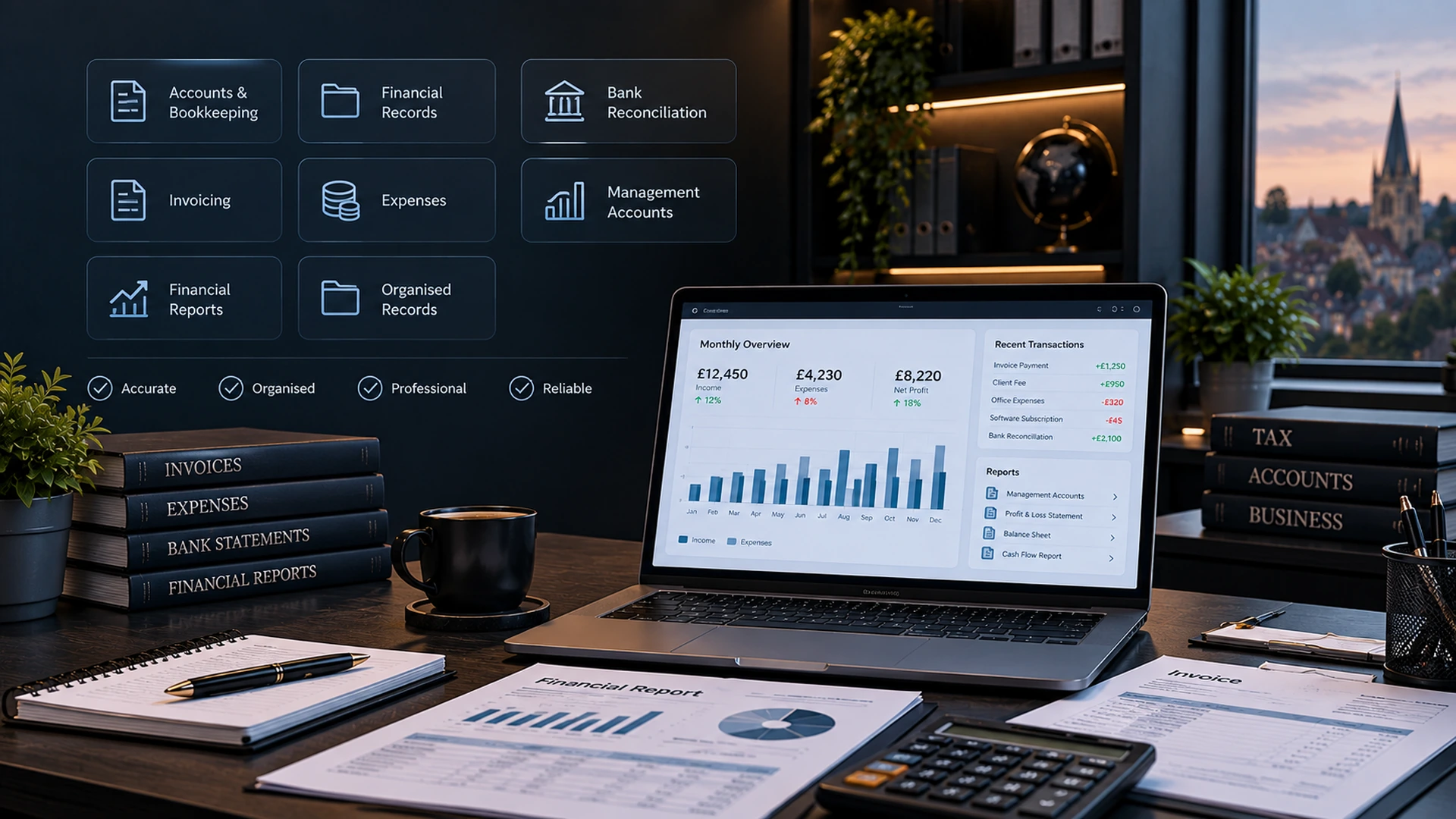 Professional accounting and bookkeeping services with financial records and reports